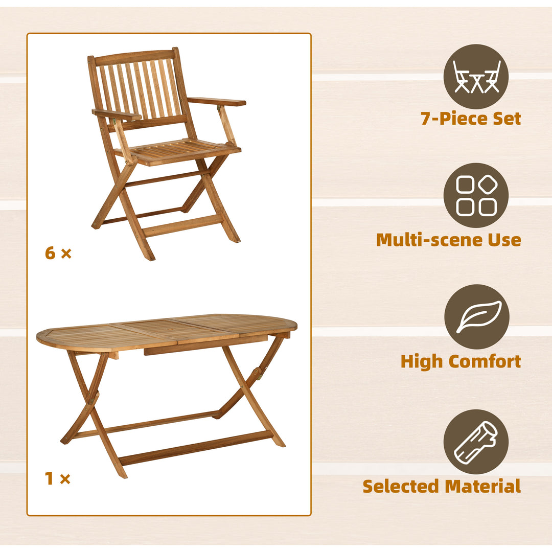 Outsunny 7 Piece Wooden Garden Dining Set with Umbrella Hole, Folding Dining Table and Armchairs with Parasol Hole, Teak