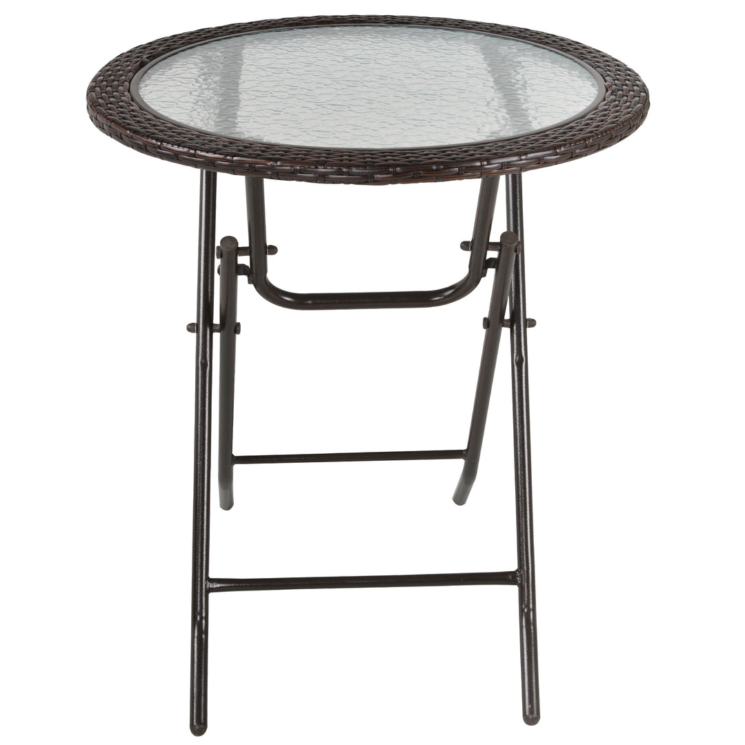 Folding Rattan Garden Dining Table, 68 cm Round Rattan Garden Table with Water Ripple Tempered Glass Top, Wicker Edging and Steel Frame for Outdoor, Patio, Brown
