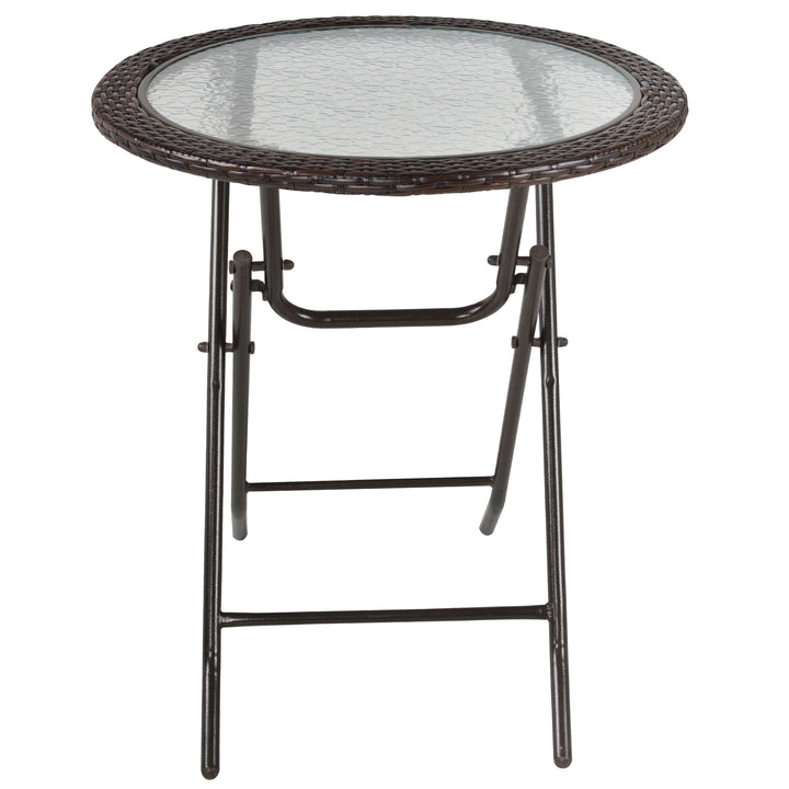Folding Rattan Garden Dining Table, 68 cm Round Rattan Garden Table with Water Ripple Tempered Glass Top, Wicker Edging and Steel Frame for Outdoor, Patio, Brown