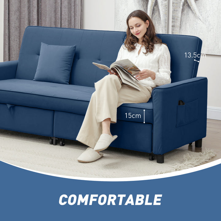 Three-Person Velvet-Feel Sofa Bed - Blue