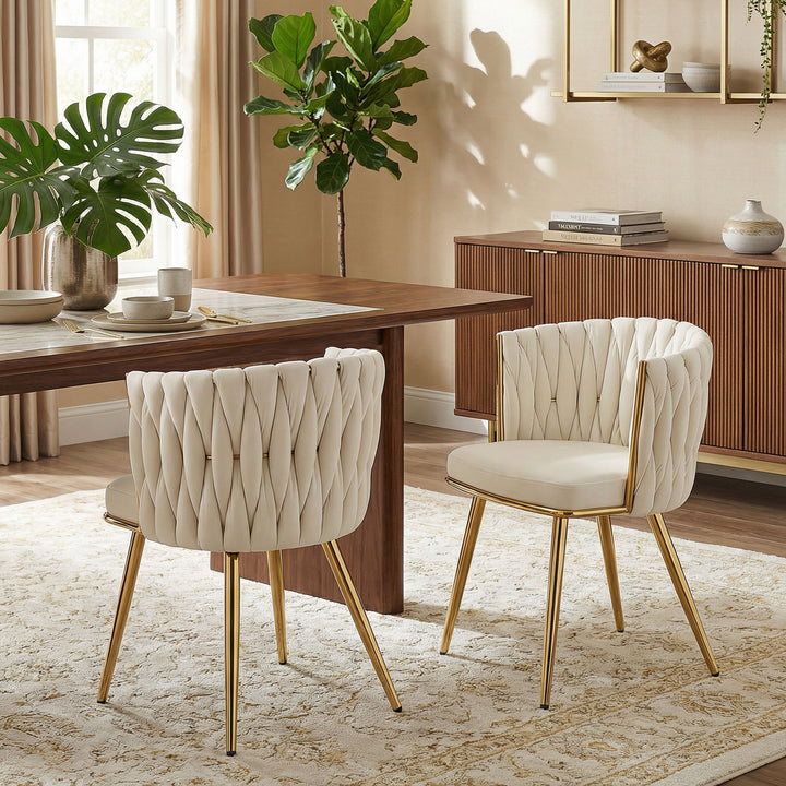 Velvet-Feel Dining Chairs Set of 2, Modern Upholstered Kitchen Chairs with Woven Backrest and Armrests, Metal Legs and Padded Seat for Dining Room, Bedroom, Living Room