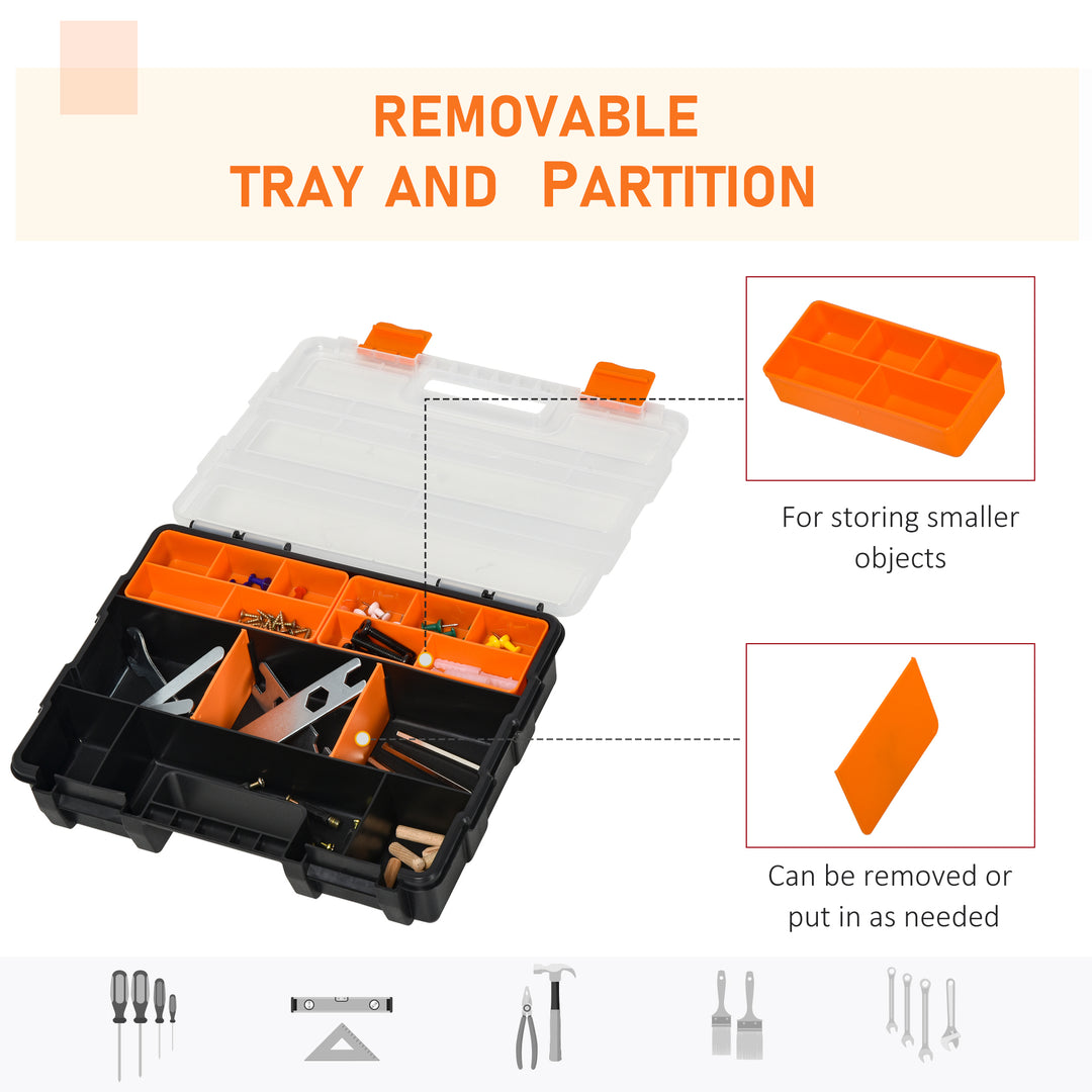 Set Of 4 Plastic DIY Tool Storage Boxes w/ Inside Dividers Locking Lids Home Garage Organisation Stacking Arts Crafts Bolts Black Orange
