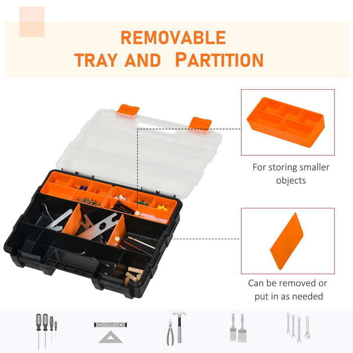 Set Of 4 Plastic DIY Tool Storage Boxes w/ Inside Dividers Locking Lids Home Garage Organisation Stacking Arts Crafts Bolts Black Orange