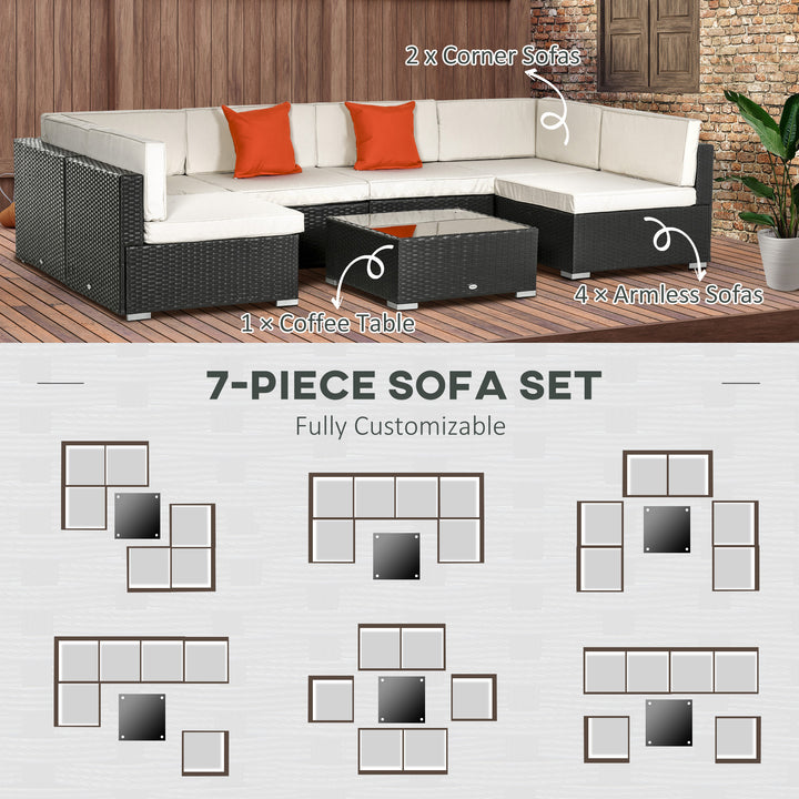 Outsunny 7 PC Garden Rattan Furniture Set Outdoor Sectional Wicker Weave Sofa Seat Coffee Table w/ Cushion and Pillow Buckle Structure Dark Coffee