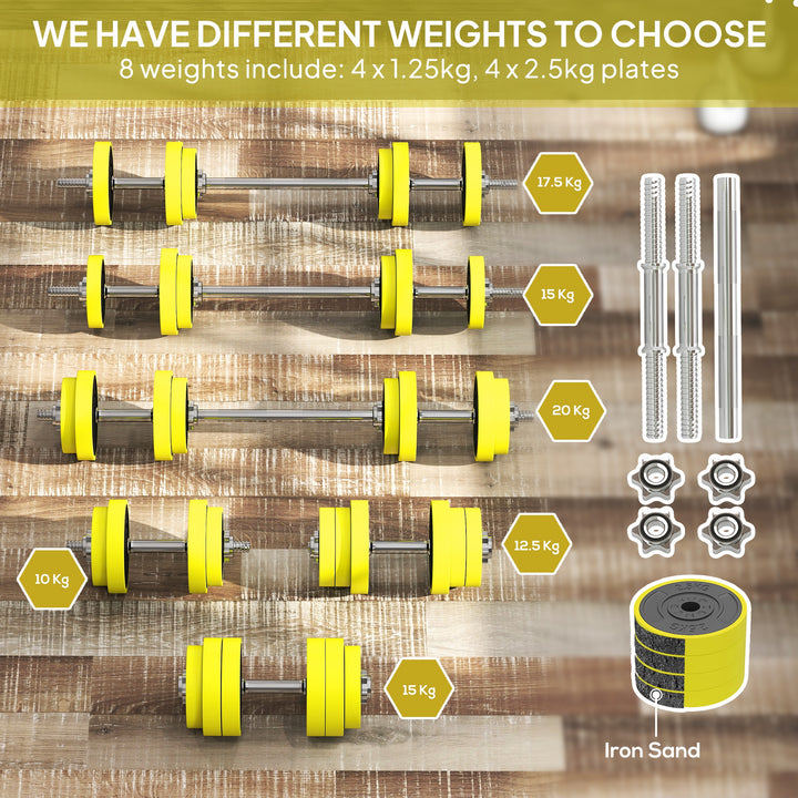 20KGS 2-In-1 Dumbbell & Barbell Adjustable Set Strength Muscle Exercise Fitness Plate Bar Clamp Rod Home Gym Sports Area, Yellow