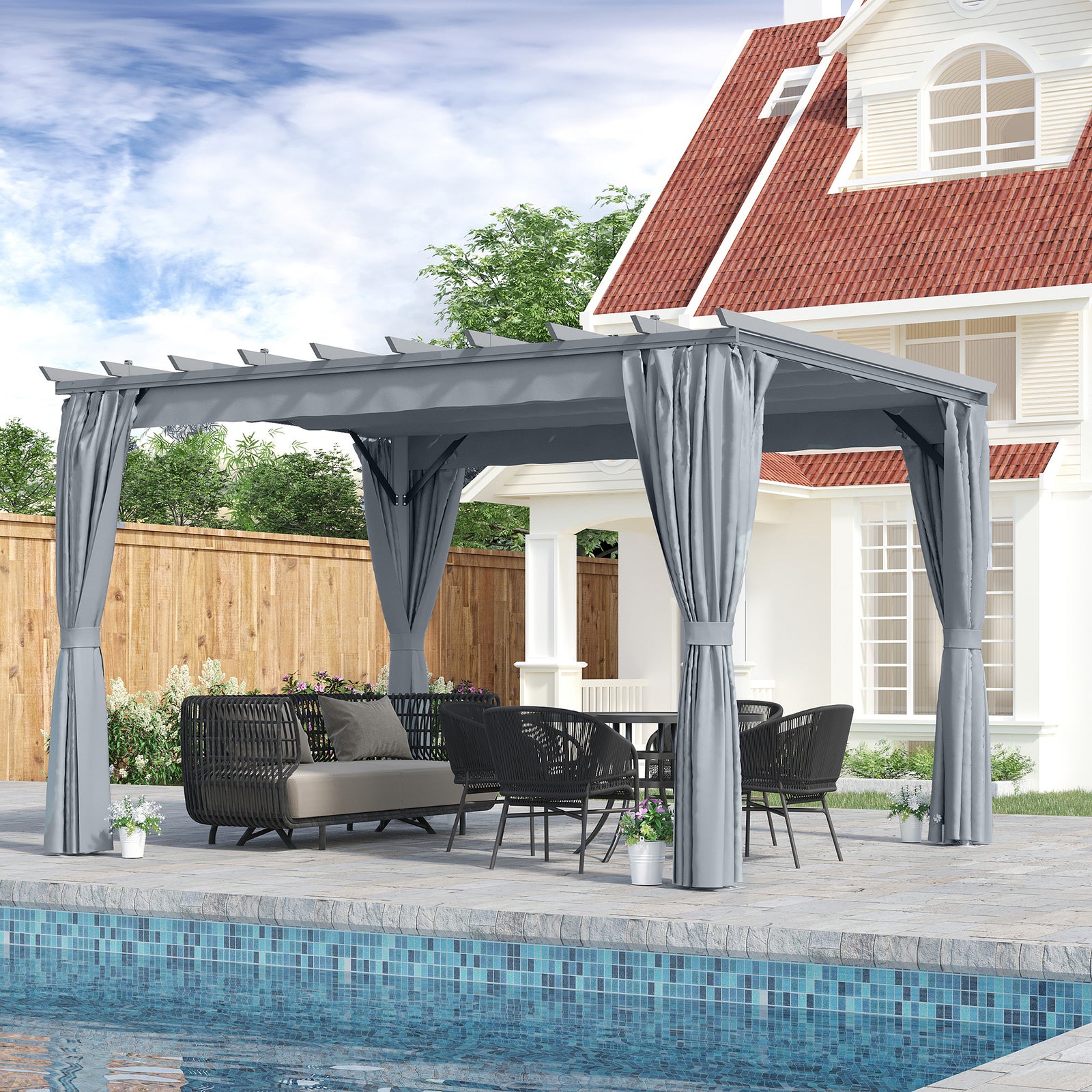 3.6 x 3(m) Outdoor Pergola with Retractable Roof and Curtains, Garden Gazebo Canopy Sun Shade Shelter with Aluminum Frame, Dark Grey
