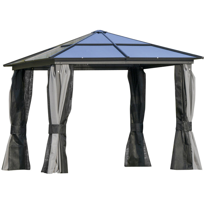 MCL 3 x 3(m) Hardtop Gazebo Canopy with Polycarbonate Roof, Aluminium Frame, Permanent Pavilion Garden Gazebo with Netting and Curtains for Patio, Deck, Dark Grey