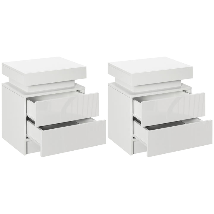 HOMCOM White Bedside Table with LED Light, High Gloss Front Nightstand with 2 Drawers, for Living Room, Bedroom