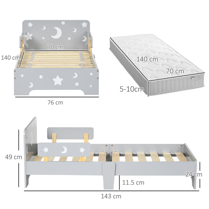 ZONEKIZ Kids Toddler Bed with Star & Moon Patterns, Safety Side Rails Slats, Kids Bedroom Furniture for 3-6 Years Old, Grey, 143 x 76 x 49 cm