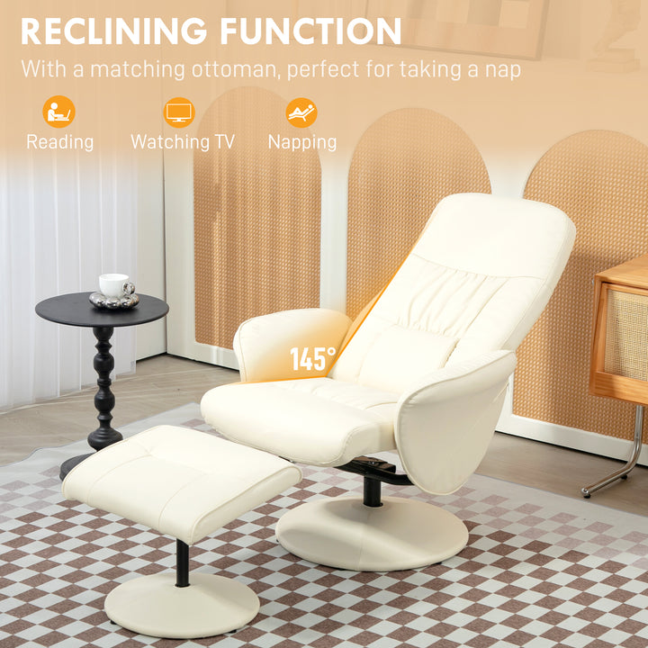 Swivel Recliner Chair with Footstool, HOMCOM PU Leather Armchair and Ottoman with High Back and Round Base for Living Room, Cream White | Aosom UK