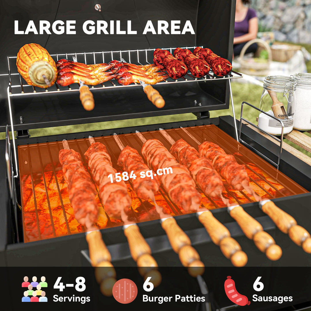 Charcoal BBQ Grill with Height Adjustable Charcoal Pan, Barbecue Smoker with Warming Rack, 3 Shelves, Temperature Gauge, Wheels, Bottle Opener for Outdoor Cooking Garden Party