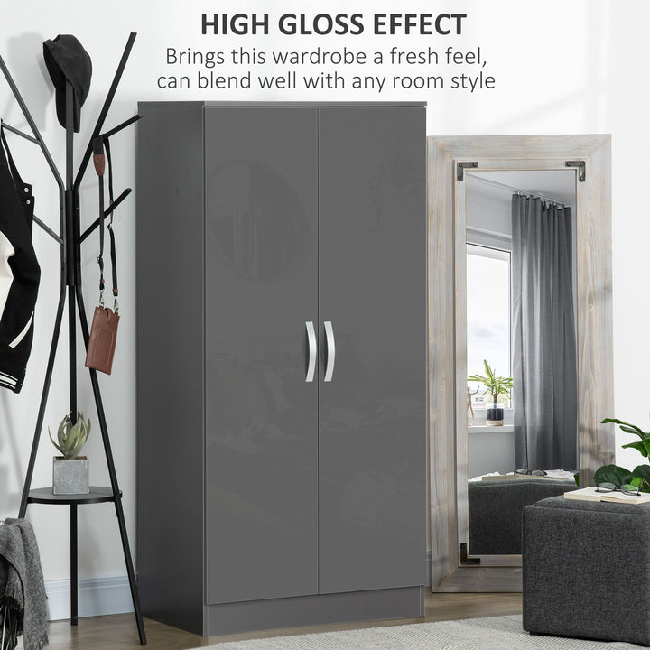 MCL High Gloss Wardrobe, 2 Door Wardrobe with Hanging Rod and Storage Shelf, Clothes Storage Organizer with Anti-tipping Design for Bedroom, Grey