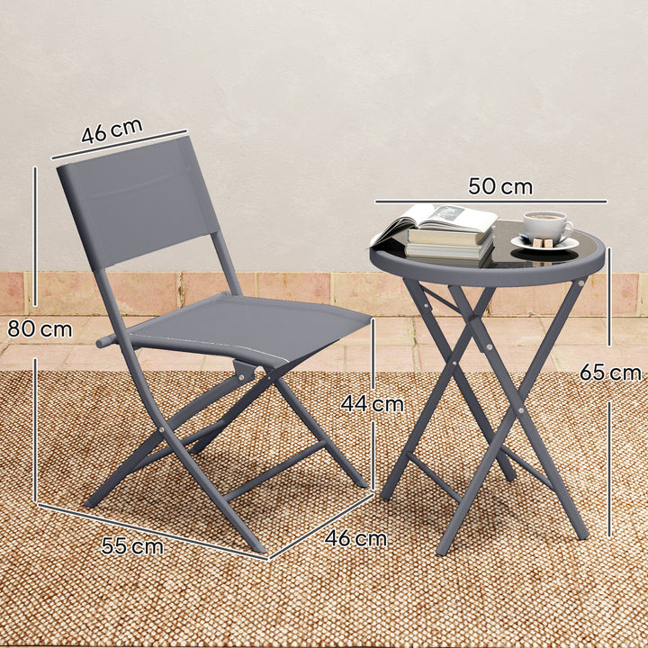 3 Pieces Outdoor Bistro Set, Glass Top Outdoor Table and 2 Folding Chairs with Protecting Feet, Grey