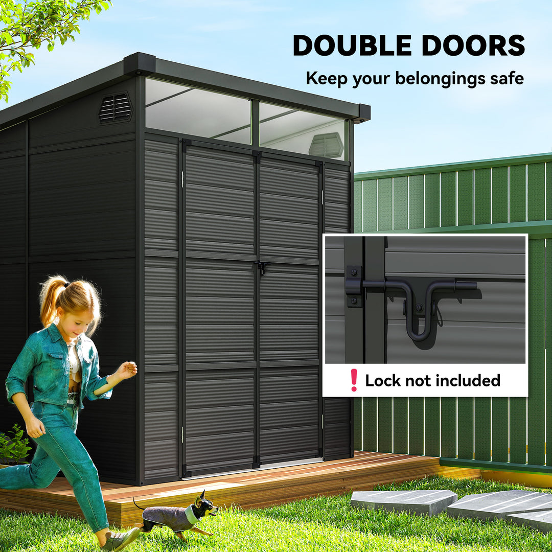 6 x 6ft Outdoor Storage Shed, Plastic Garden Shed with Windows and Air Vents, Outdoor Resin Tool Shed with Latch Doors for Garden, Deck, Dark Grey