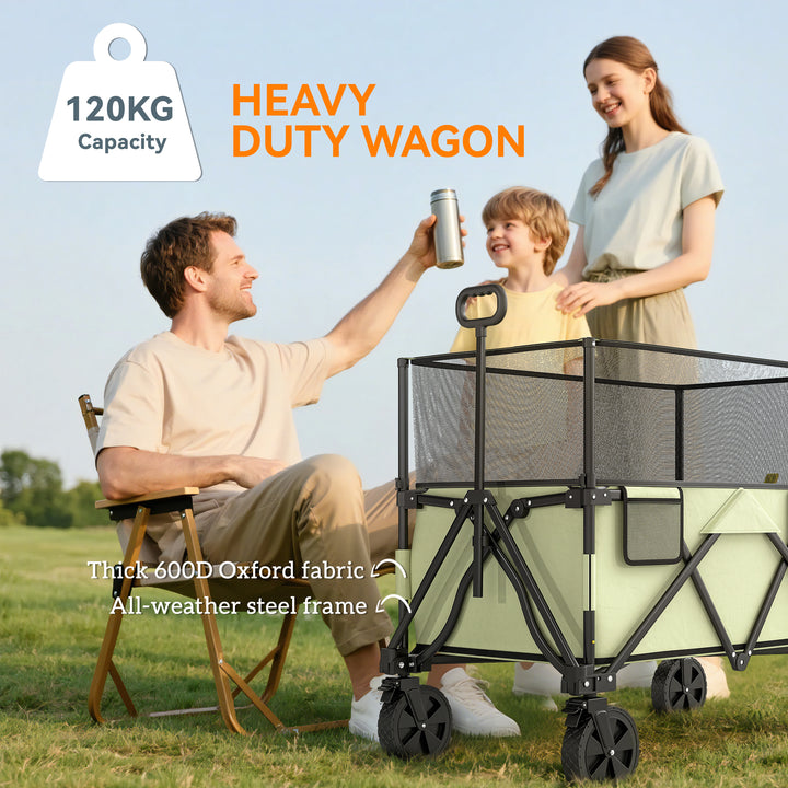 Folding Garden Trolley, 180L Wagon Cart with Extendable Side Walls, for Beach, Camping, Festival, Green