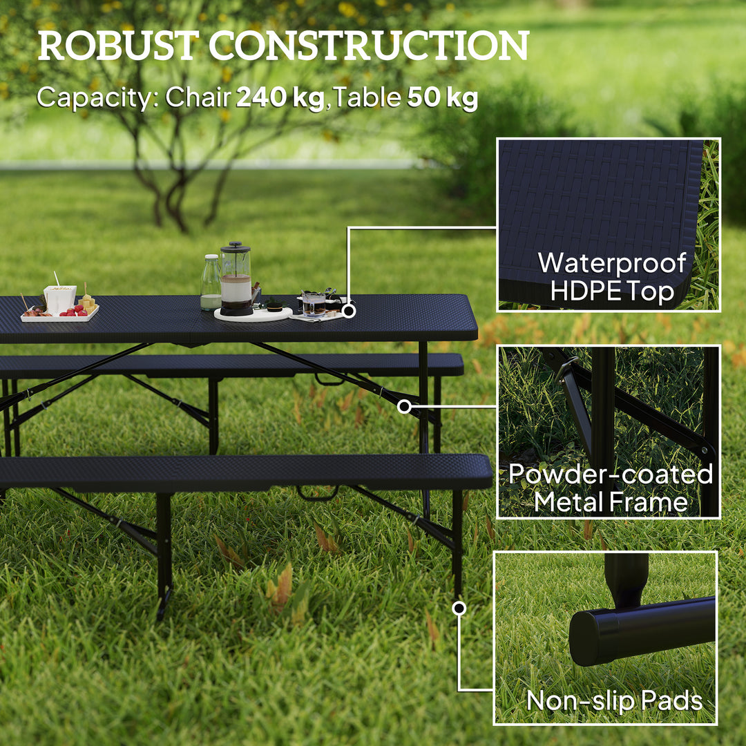 Folding Picnic Table and Bench Set, Rattan Effect Portable Camping Table and Chairs with Carrying Handles for Indoor Outdoor, Dining, Camping, Picnic, BBQ, Party, Black