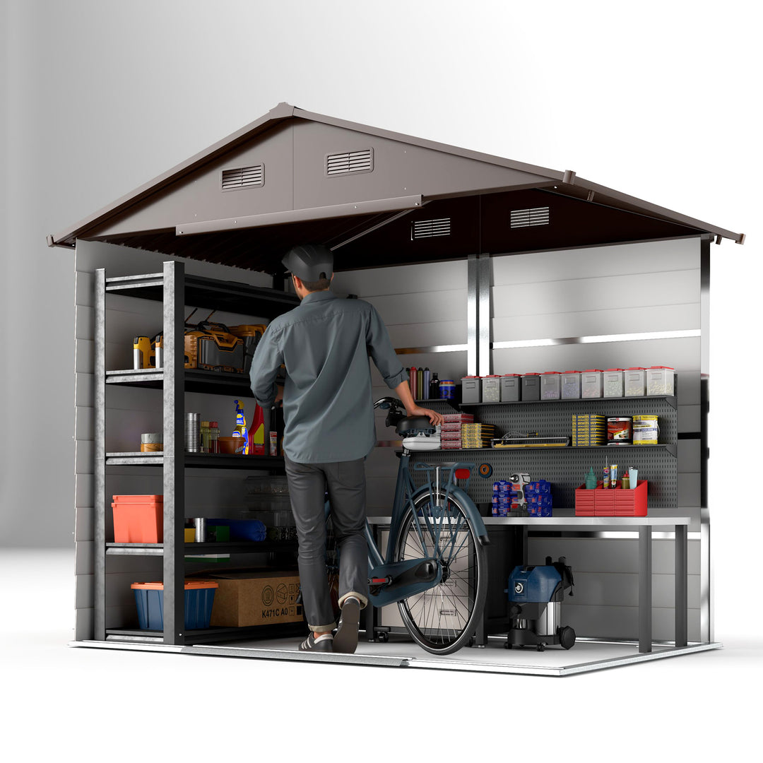 6 x 8ft Galvanised Steel Shed - Brown Wood-Effect