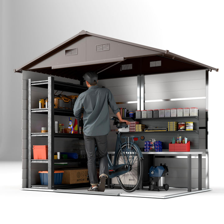 6 x 8ft Galvanised Steel Shed - Brown Wood-Effect