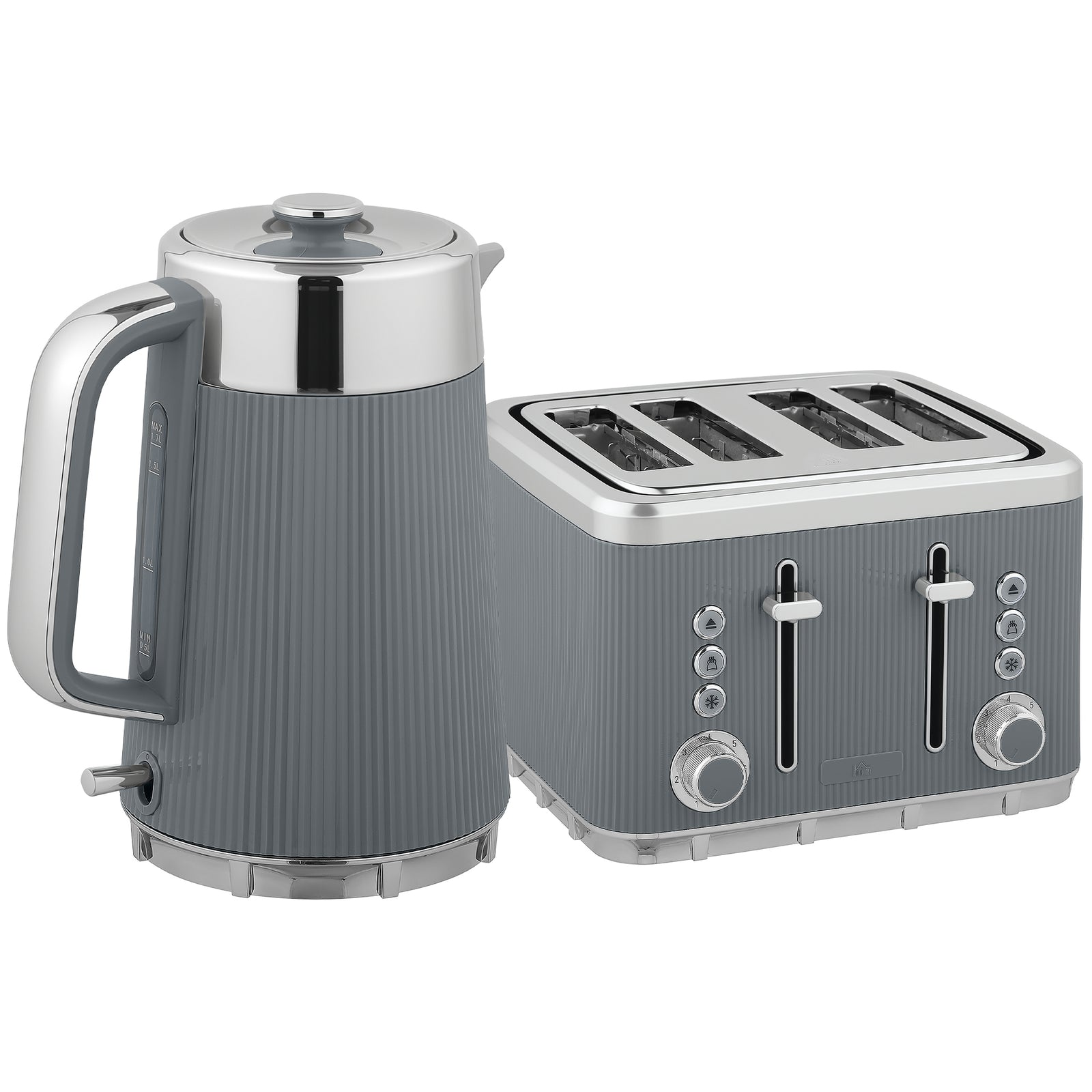 Electric Kettle and Toaster Set, 3000W 1.7L UK Strix Thermostat Rapid Boil Jug Kettle with Limescale Filter, Cool Touch Body, 4 Slice Toaster with 7 Browning Controls, Crumb Tray, Grey