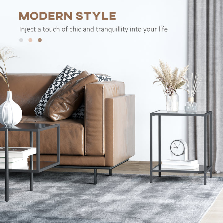 Tempered Glass Side Table with Storage, Modern 2-Tier Bedside Table with Steel Frame, Black