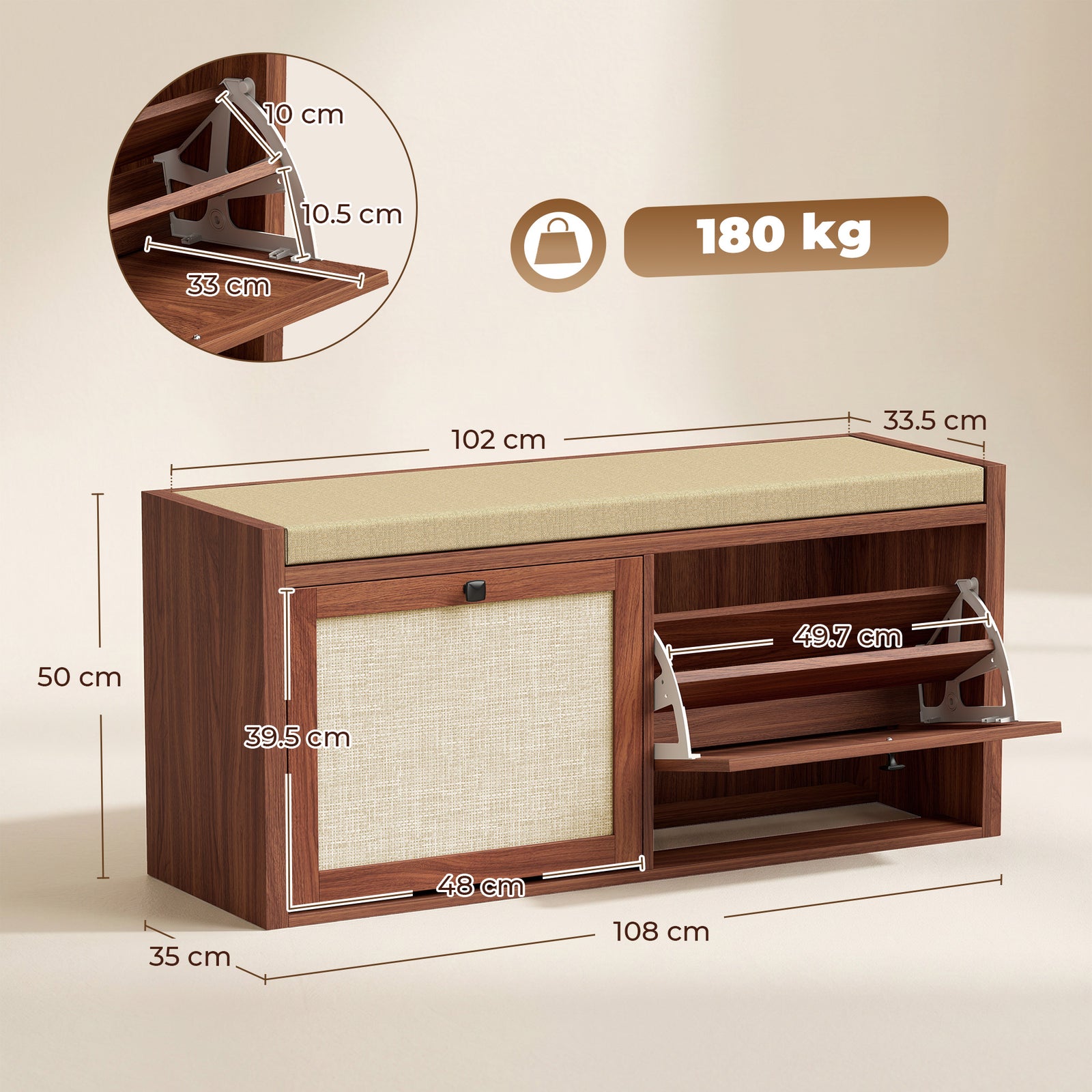 Rattan Shoe Bench with Padded Cushion and 2 Cabinets for Hidden Storag