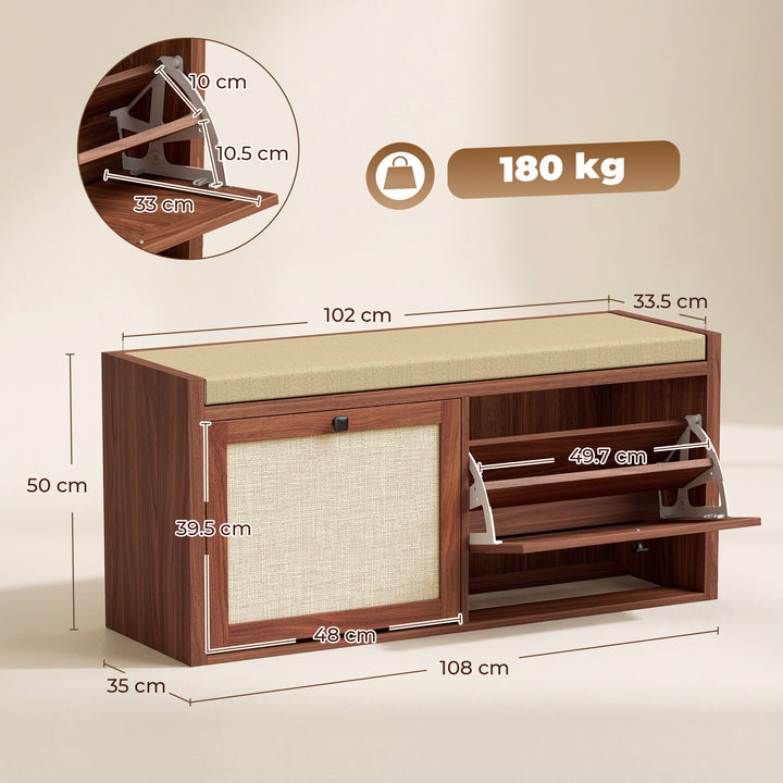 Rattan Shoe Bench with Padded Cushion and 2 Cabinets for Hidden Storag