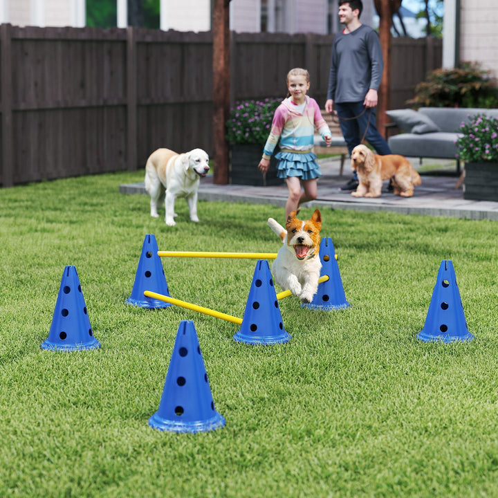Dog Agility Equipment Set of Six Cones, Six Poles with Carry Bag, Three-Piece Adjustable Height Jumping Obstacles