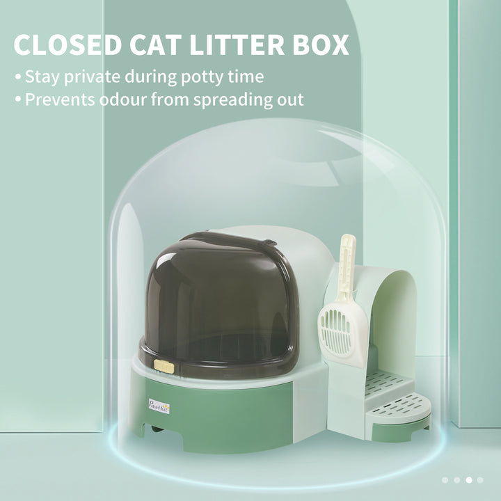 2 in 1 Cat Litter Box, with Drawer Pans, Scoop, Openable Cover - Green