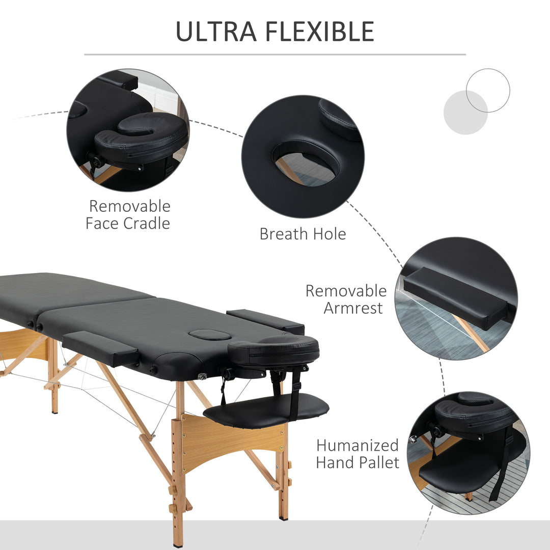 HOMCOM Portable Massage Bed, Folding Spa Beauty Massage Table with 2 Sections, Carry Bag and Wooden Frame, Black