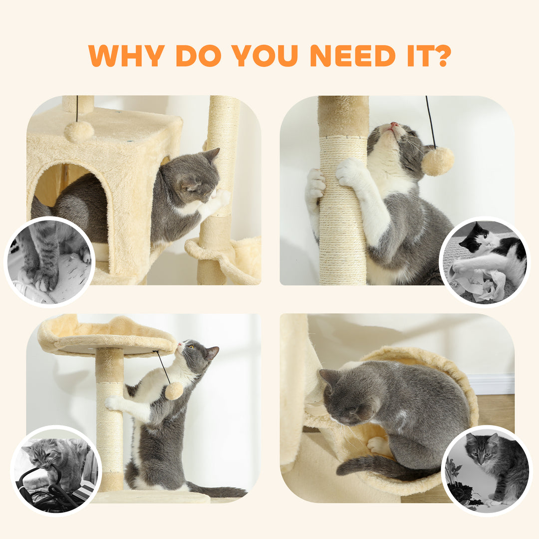 MCL 180cm Large Cat Tree Tower with Sisal Scratching Posts, Condos, Plush Perches, Hammock, Ladder, Beige