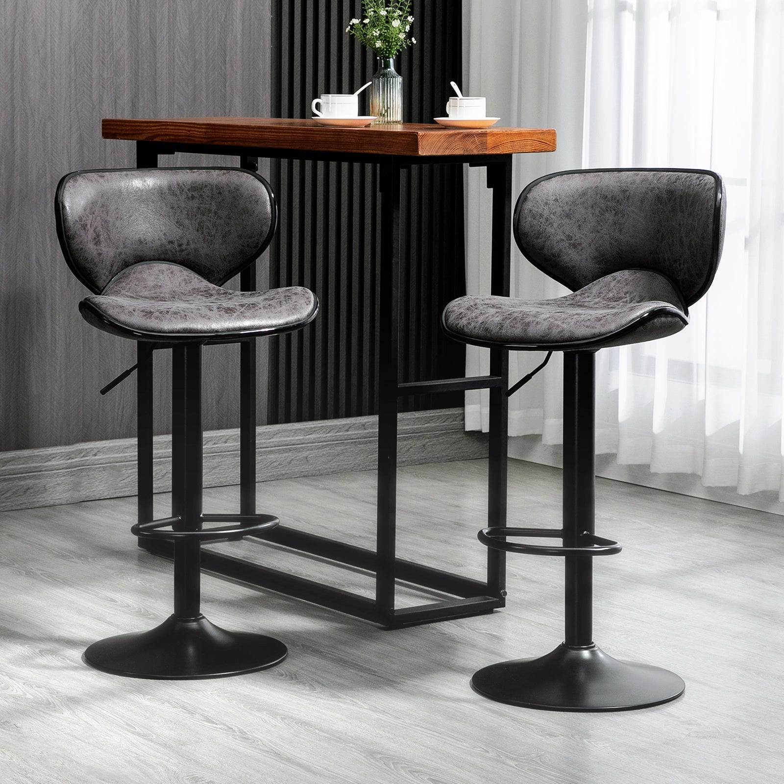 Adjustable Bar Stools Set of 2, Swivel Leathaire Upholstered Barstools with Large Seat, Breakfast Bar Chairs with Back, Footrest and Steel Base, Dark Grey