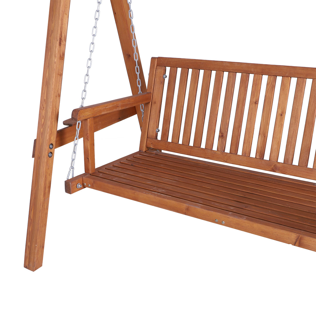 3 Seater Garden Swing Seat Wooden Swing Chair Hammock Bench Lounger with Canopy, Natural
