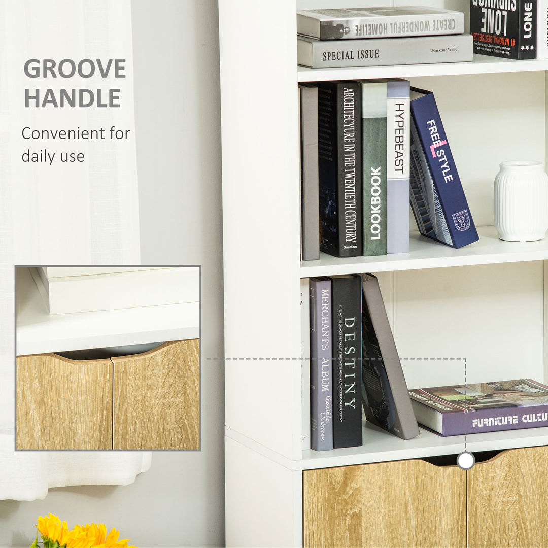 6-Tier Tall Bookcase, Bookshelf with 4 Open Shelves and Double Door Storage Cabinet, Freestanding Display Rack for Living Room, Bedroom, Home Office, Study, 59 x 29 x 180cm, White and Oak