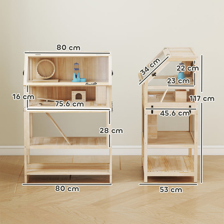 Wooden Hamster Cage with Detachable Lower Floor, Storage Shelf, Hut, Seesaw, Exercise Wheel, Ramps for Hamster