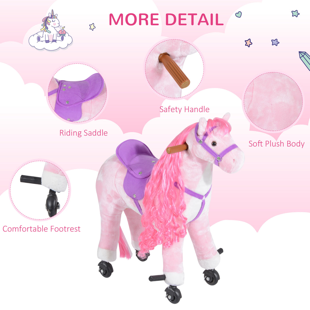 Plush Walking Horse Ride On Toy with Wheels and Realistic Sounds Rocking Horse for Girls Boys 2+ Years Old, 50cm Tall, Pink