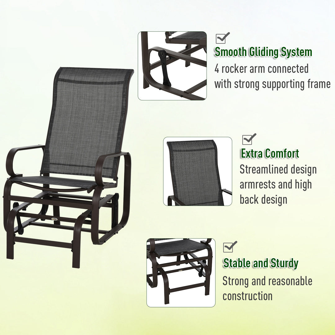 3 Pieces Garden Gliding Chair Set, Metal Frame 2 Single Armchair Swing Seater and 1 Glass Top Coffee Table w/ Breath Mesh Fabric Seat, Brown