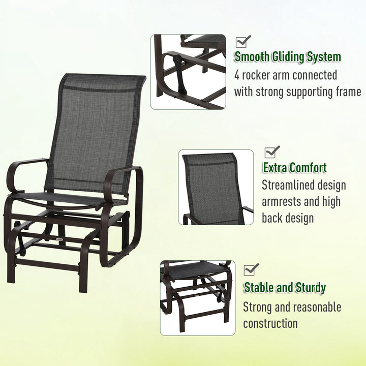 3 Pieces Garden Gliding Chair Set, Metal Frame 2 Single Armchair Swing Seater and 1 Glass Top Coffee Table w/ Breath Mesh Fabric Seat, Brown