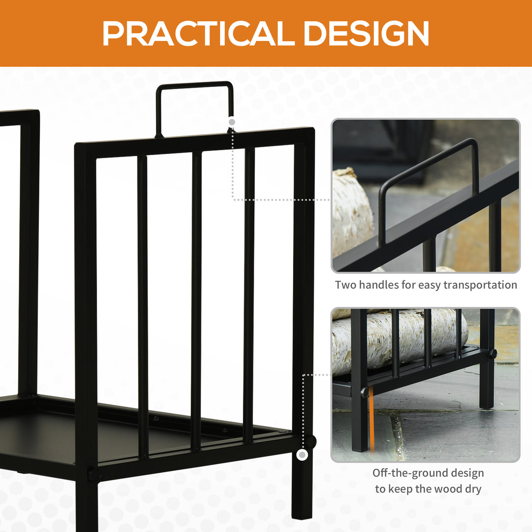 Metal Firewood Log Holder Indoor Outdoor Firewood Rack Fireplace Wood Storage Shelf w/ Handles, Rust-Resistant, Black, 39L x 32.5W x 46Hcm