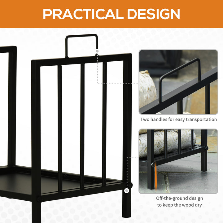 Metal Firewood Log Holder Indoor Outdoor Firewood Rack Fireplace Wood Storage Shelf w/ Handles, Rust-Resistant, Black, 39L x 32.5W x 46Hcm