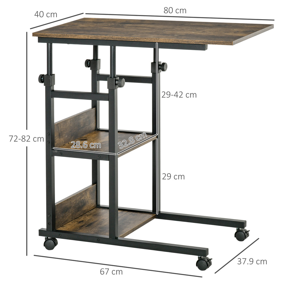 HOMCOM Industrial C-Shaped End Tables, Mobile Overbed Table with 3-Tier Storage, Adjustable Height, Wheels, Brown | Aosom UK