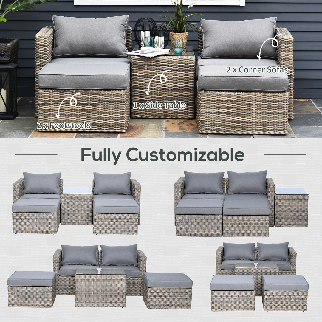 5 Piece Rattan Garden Furniture Set w/ 10cm Thick Cushions, Aluminium Frame Wicker Outdoor Balcony Sofa Set with Corner Armchairs, Ottomans, and Glass Top Table, Mixed Brown