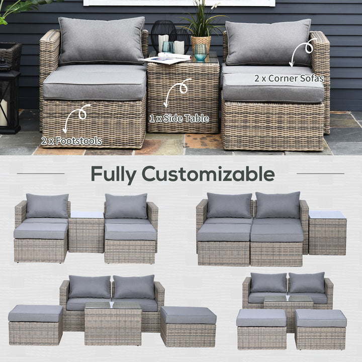 5 Piece Rattan Garden Furniture Set w/ 10cm Thick Cushions, Aluminium Frame Wicker Outdoor Balcony Sofa Set with Corner Armchairs, Ottomans, and Glass Top Table, Mixed Brown