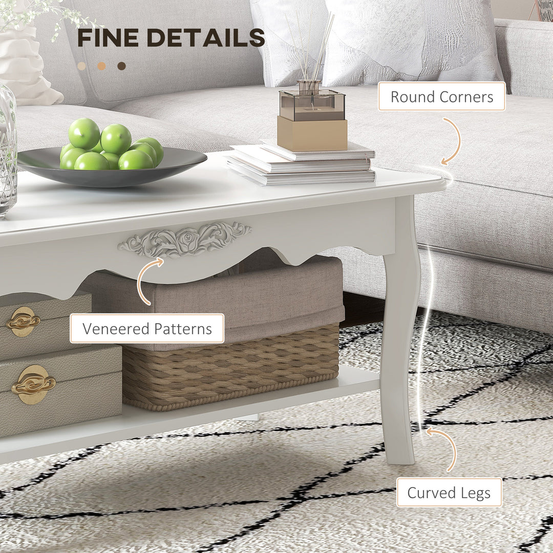White Coffee Table Wood Cocktail Tea Centre Table with Storage Shelf for Living Room Reception Room, 94L x 44W x 42H cm