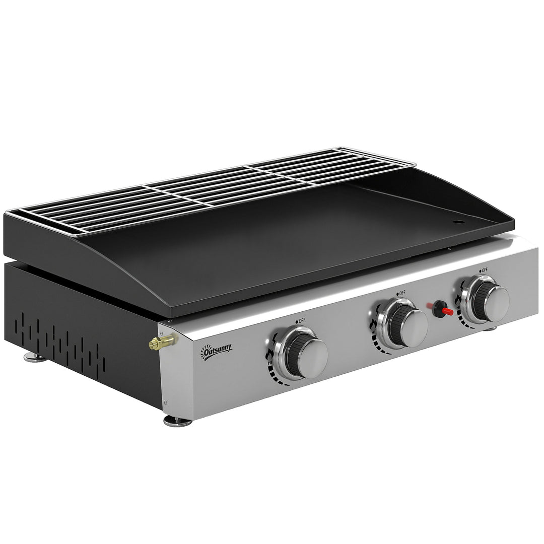 3 Burner Grill Griddle, Portable Gas Plancha with Warming Rack, 7.5 kW