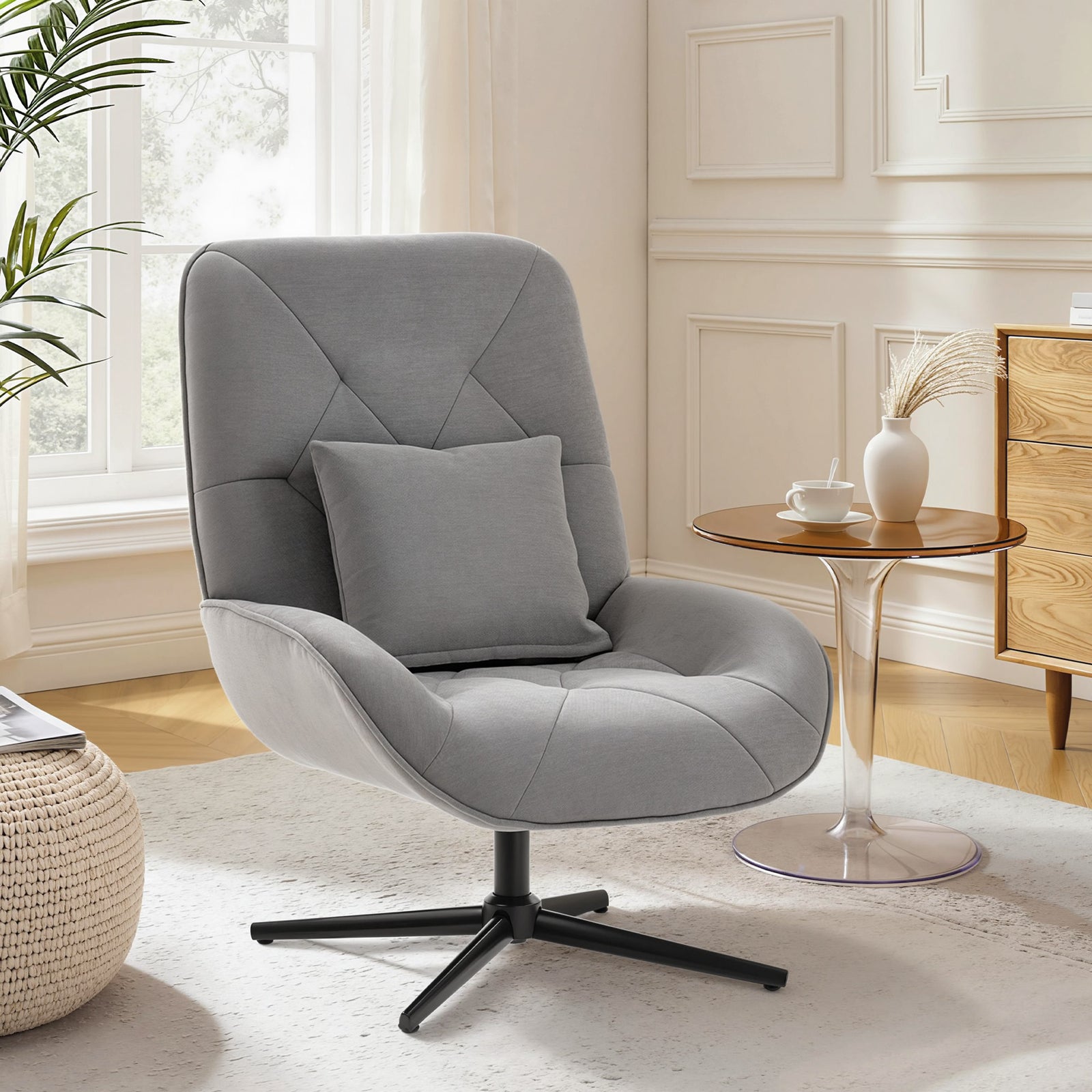 Accent Chair, Chenille Upholstered Swivel Armchair with Lumbar Pillow,