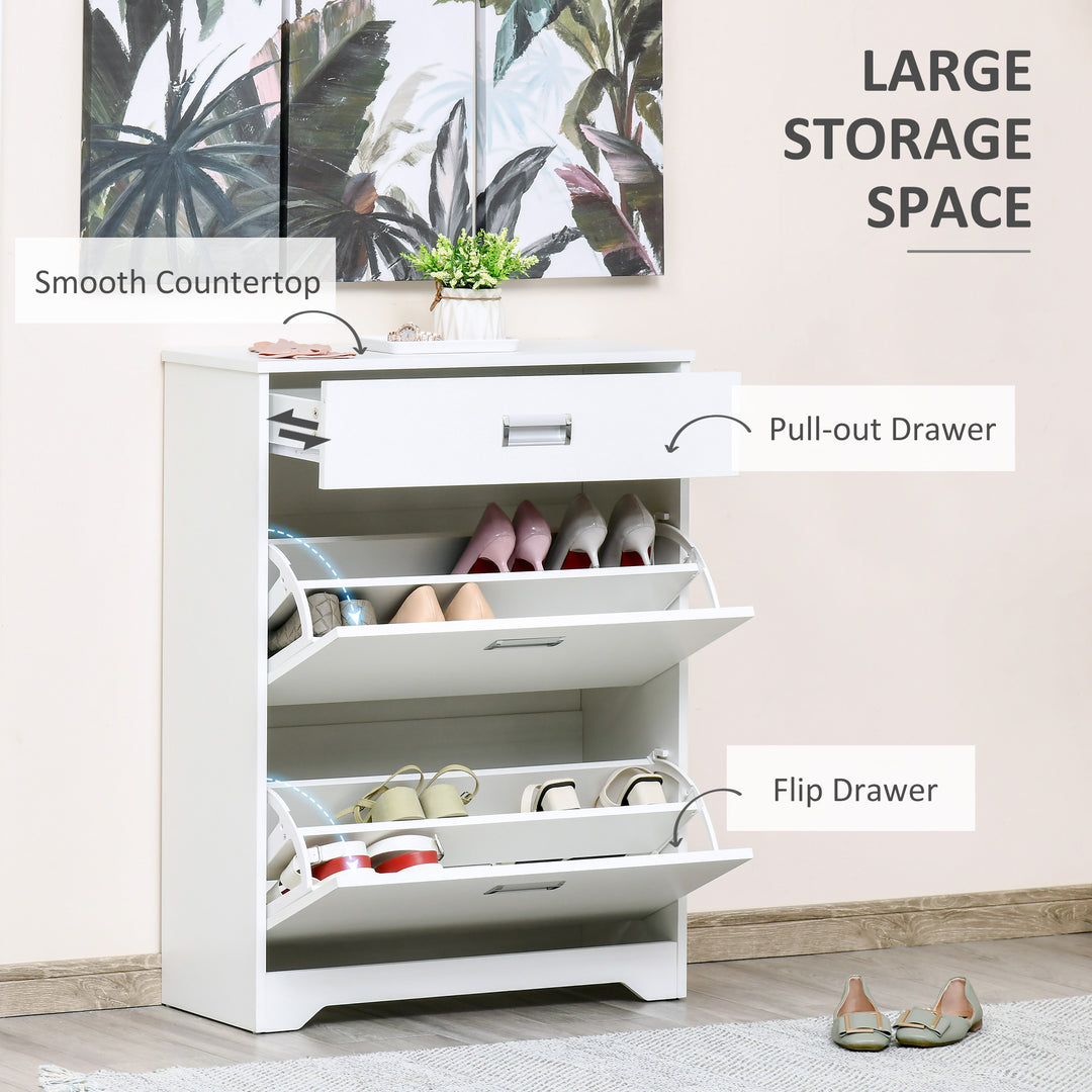Shoe Cabinet, Slim Shoe Storage Cabinet with Drawer, 2 Flip-up Doors and Adjustable Shelf, Narrow Shoe Cupboard for 16 Pairs of Shoes for Entryway, Hallway, White