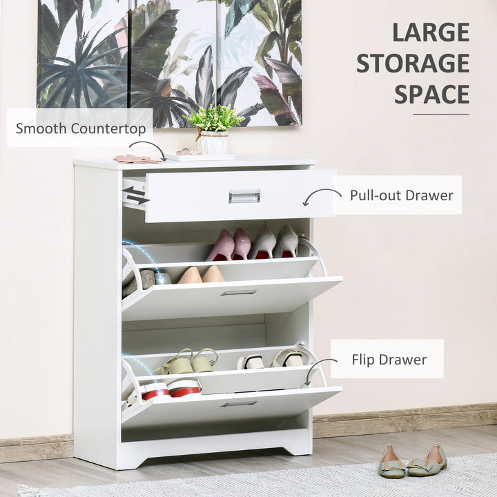 Shoe Cabinet, Slim Shoe Storage Cabinet with Drawer, 2 Flip-up Doors and Adjustable Shelf, Narrow Shoe Cupboard for 16 Pairs of Shoes for Entryway, Hallway, White