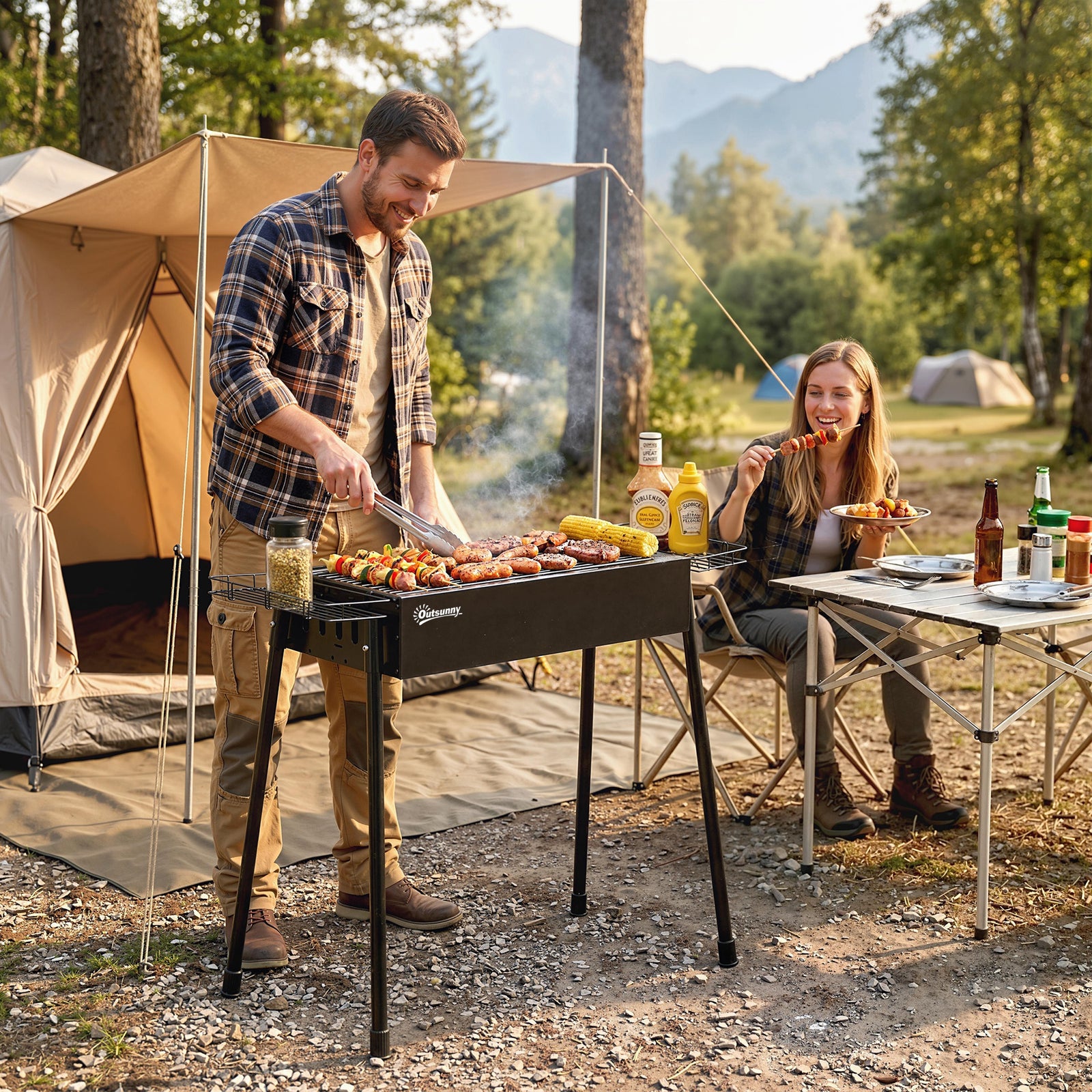 Portable Charcoal BBQ Grill with Seasoning Baskets for Camping Picnic 
