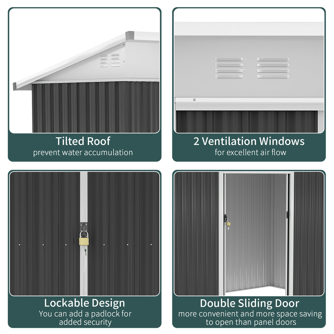 7.6 x 4.3ft Garden Storage Shed with Lockable Sliding Doors and Ventilation, Metal Garden Tool Storage House, Dark Grey