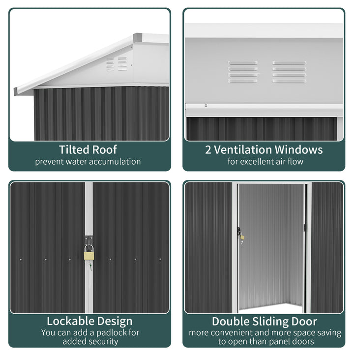 7.6 x 4.3ft Garden Storage Shed with Lockable Sliding Doors and Ventilation, Metal Garden Tool Storage House, Dark Grey